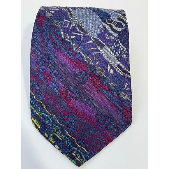 Vintage Coogi Australia Silk Necktie Extra Long 65" Purple Abstract Retro READ - Picture 1 of 6